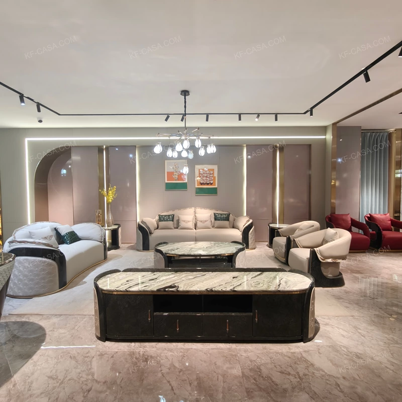 Curved Luxury Sofa Set with Fan Quilted Craftsmanship, High-Gloss Natural Burl Wood Veneer & Gold Stainless Steel Detailing
